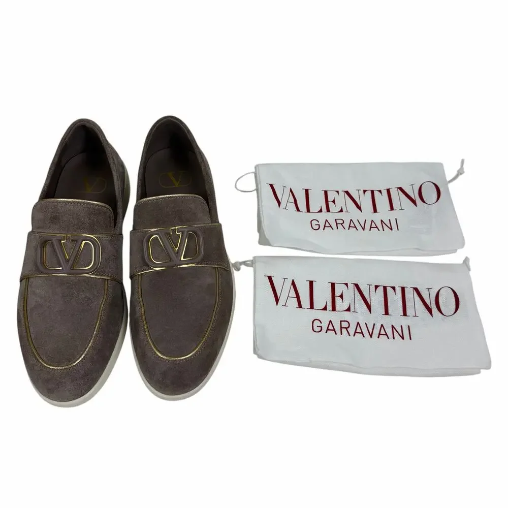 Valentino Garavani Leisure Flows Split Vlogo Suede Loafer Taupe Size 38.5
